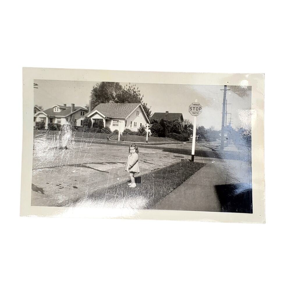 Vtg Cute Young Girl Toddler Posing by Curb Monochrome Photography Found